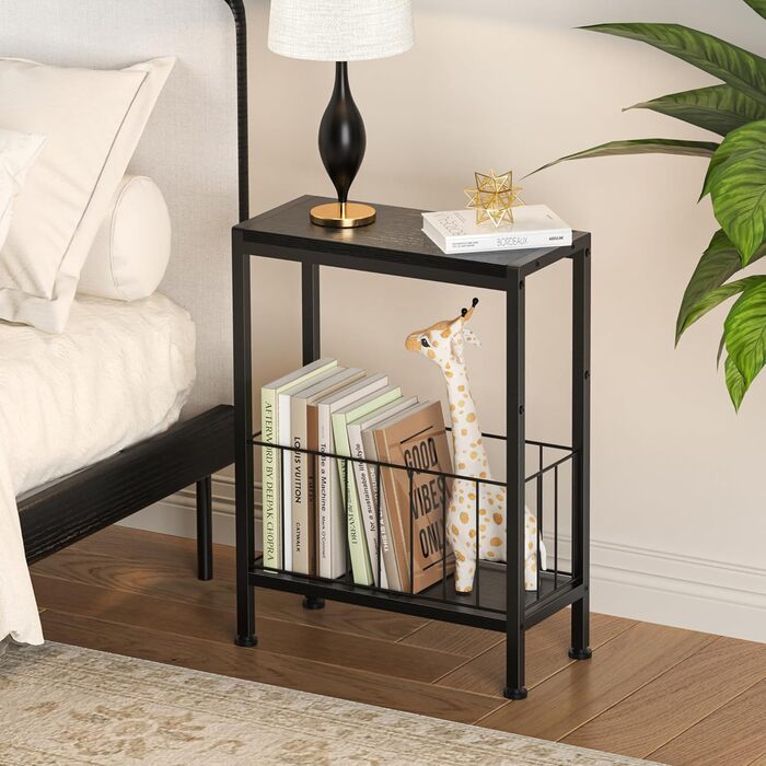 Вузький приставний столик, тонкий приставний столик з полицею для журналів, 2 полиці, вузька тумбочка біля ліжка, маленький журнальний столик для вітальні, спальні, кабінету, 20 x 43 x 58 см (Чорний)