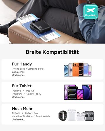 Ультракомпактний портативний зарядний пристрій ємністю 20000 мАг 22,5 Вт із швидкою зарядкою, зовнішні акумулятори для мобільних телефонів з входом та виходом USB-C, маленький, але потужний акумулятор для iPhone 17 16 15 Pro, Samsung S25 S24, iPad, подоро