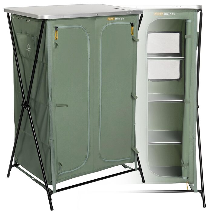 Кемпінгова шафа CAMPShelf 24, розміри 66,5 x 90 x 139 см. Кемпінгова шафа виготовлена з міцного матеріалу. Легка та стійка конструкція. Легко збирається та транспортується. Колір зелений.