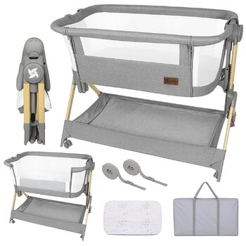 Приліжкове ліжечко Baby Comfortly з колесами Складане та регульоване по висоті (5 рівнів), дихаюче, підходить від 0 місяців до 9 кг, в комплекті матрац, простирадло та сумка не потрібно збирати (колір дерева)