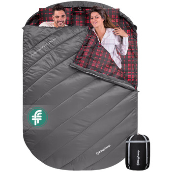Подвійний спальний мішок KingCamp, бавовняний фланелевий зимовий спальний мішок для 2 осіб, тепла ковдра-спальний мішок, 3-4 сезони з 2 фланелевими подушками для дітей та дорослих, кемпінг, подорожі та активний відпочинок, довгий - сірий
