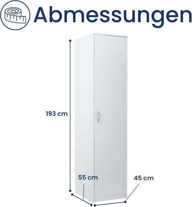 Шафа для дому Collective з 1 дверима, 1 вішалкою для одягу та 2 полицями, шириною 45 см, вузька шафа з матовим покриттям, ідеально підходить для спальні, вітальні, коридору Білий