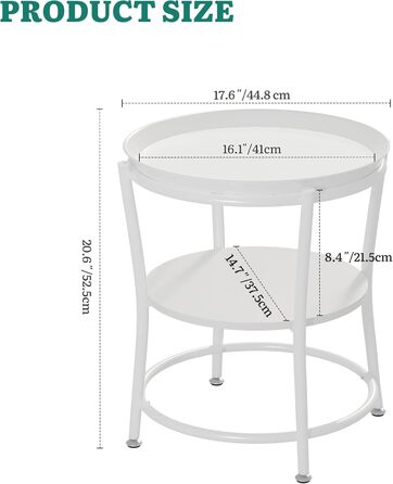 Круглий журнальний столик YITAHOME з двоярусним місцем для зберігання та знімним підносом, журнальний столик для вітальні, спальні або квартири, міцний журнальний столик, регульовані ніжки, білий, 45 x 45 x 53 см