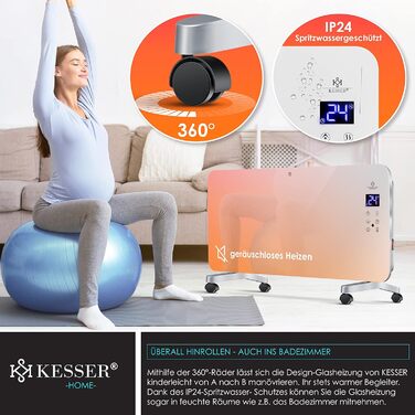 Електричний скляний конвекторний обігрівач KESSER Сенсорний екран Додаток із функцією WiFi, включаючи пульт дистанційного керування РК-дисплей Таймер Підлоговий або настінний обігрівач 2000 Вт Білий / Скляний конвектор