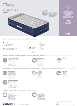 Надувний матрац Bestway Tritech, Vento, 191 x 97 x 46 см, одномісний, із вбудованим електричним насосом