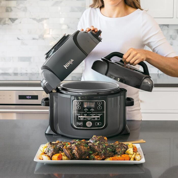 Мультиварка Ninja Foodi, 6 л, мультиварка 7-в-1, скороварка під тиском, фритюрниця, аерофритюрниця, повільна плита, гриль тощо, матова сталь і чорний, OP300EU