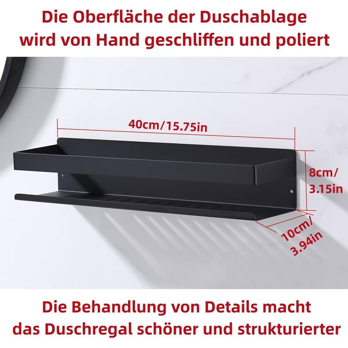 Полиця для душу HomeHeng без свердління, матово-чорна, Полиця для душу Настінна полиця для ванної кімнати Кошик для душу з нержавіючої сталі SUS304 Полиця для ванної кімнати, нержавіюча, самоклеюча 40 см для ванної та кухні, H91107-40MB