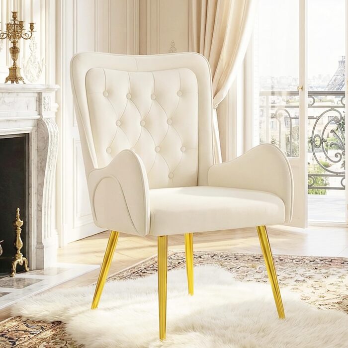 Крісло Hellove з відкидною спинкою та золотистими металевими ніжками, розкішне шкіряне крісло-реклайнер для вітальні, зручне крісло для туалетного столика, м&39яке крісло, крісло для читання, крісло для відпочинку для вітальні/спальні, бежевий колір, комп