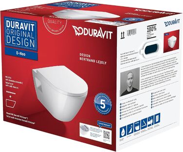 Набір для унітазу Duravit D-Neo, підвісний унітаз, сидіння з м'яким механізмом закриття, унітаз з відкритим обідком для змиву, знімна кришка унітазу, білий