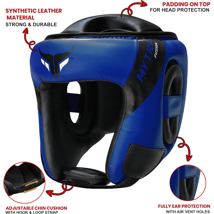 Боксерський шолом Mytra Fusion з регульованим ремінцем, підходить для MMA, муай-тай, спарингу, бойових мистецтв, карате, синій/чорний, розмір S/M