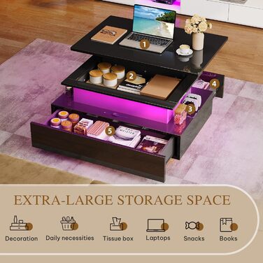 Журнальний столик з регульованою висотою, глянцевий стіл для вітальні з підйомною стільницею, сучасний диванний столик з 16-кольоровим світлодіодним підсвічуванням та 2 шухлядами