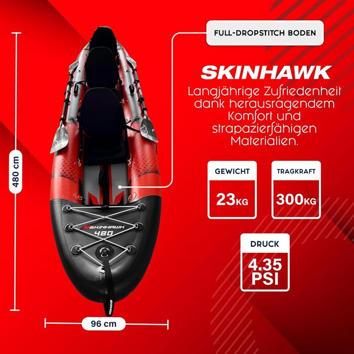 Ексклюзивний червоний набір для каяків SKINHAWK 480 - Надувний човен - Каное - 480 x 96 см - 3-місний каяк. Набір для каяків Skinhawk 480 з алюмінієвим веслом.