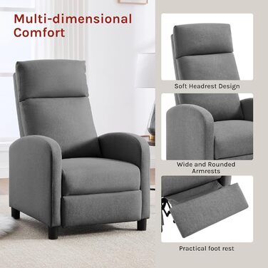 Крісло-реклайнер WOLTU з функцією відкидання/сну, з підставкою для ніг, регульоване, вітальня/спальня, м&39яке, 89 x 102 x 65,5 см, льон, темно-сірий