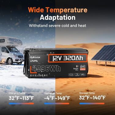 Акумулятор HumsiENK 12V 320Ah LiFePO4 з Bluetooth, сонячний акумулятор 250A BMS LiFePO4 12V 300Ah, понад 15 000 циклів, захист IP65 та захист від низьких температур, ідеально підходить для автофургонів