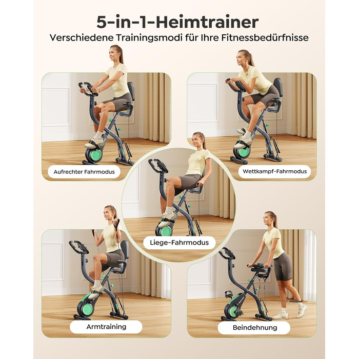 Новий складаний велотренажер Toputure із застосунком, ергометр 5-в-1 з тросами опору для рук і ніг, 16 магнітних рівнів опору, домашній тренажер до 140 кг, ультратихий зелений