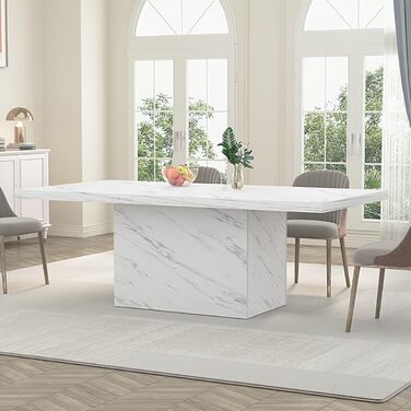 Сучасний обідній стіл HSH, великий обідній стіл для 6-8 осіб, прямокутний дерев&39яний кухонний стіл з міцною колоною для кухні, ресторану, мармуровий вигляд, білий, 180 см (70,87 x 31,5 x 29,9 дюймів)