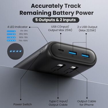 Виходів 2 входи Зовнішні батареї мобільного телефону з вбудованим кабелем і 4 світлодіодними індикаторами Акумуляторна батарея для iPhone 13/14/15/16 Samsung тощо., 26800mAh, PD 25W QC 4.0 Fast Charging USB C Power Bank, 5