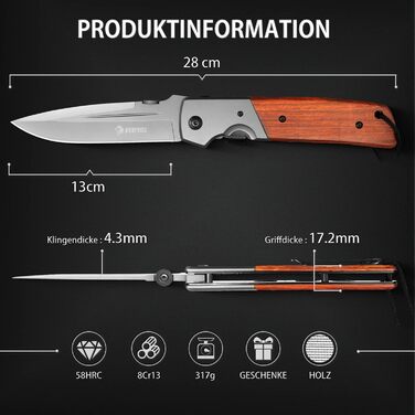 Складаний ніж NedFoss DA52, великий одноручний ніж 28 см з дерев'яною ручкою та замком, кишеньковий ніж з кліпсою, ніж для виживан