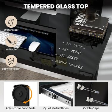 Електричний стіл Giantex для роботи сидячи та стоячи, 120 x 60 см, регульована висота, з шухлядою, скляною стільницею з можливістю запису, портами USB та Type-C, пам&39яттю пресетів (чорний)