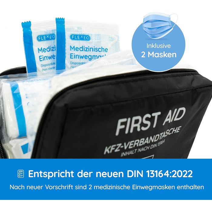 Автомобільна аптечка 2024 ДІЙСНА ДЛЯ ЄВРОПИ згідно StVZO чинний DIN 131642022 СЕРТИФІКОВАНИЙ вкл. 2 медичні маски для обличчя апте