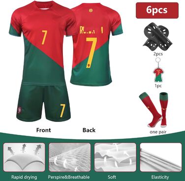 Дитяча футбольна майка, футбольні майки, футбольна футболка, шорти, комплект дитячої футбольної майки з щитками для гомілок, шкарпетками та брелоком для хлопчиків, червоний, 6-7 років