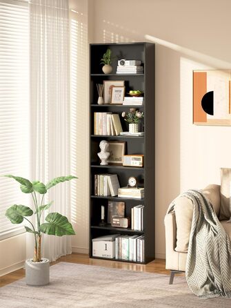 Рівнева окремостояча полиця Garvis 60 см завширшки, 210 см заввишки Відкрита книжкова шафа, білий чорний дуб Офічна полиця для вітальні (чорна), 7-
