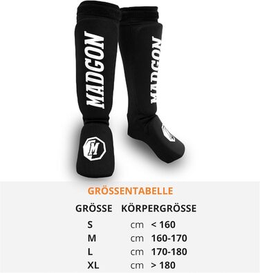 Щитки для ніг MADGON з ідеальною посадкою та ідеальною підкладкою Захист гомілок з низьким потовиділенням. Тканинні щитки для ніг для бойових мистецтв, MMA, кікбоксингу - 1 пара з сумкою Чорний/Білий розмір S