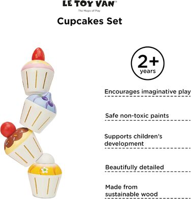 Розвиваюча гра Pretend Cupcakes, іграшка для дітей, 2 роки, набір з 4 кексів з подарунковою коробкою, гра Монтессорі, натуральне дерево FSC та фарби на водній основі Різнокольорові, 331 -