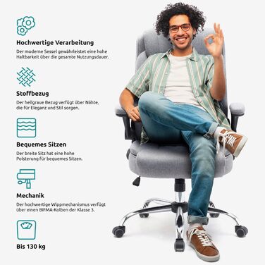 Офісний стілець з тканини Зручний, ергономічний обертовий стілець до 130 кг, зі складними підлокітниками, письмовий стілець з високою спинкою, сірий