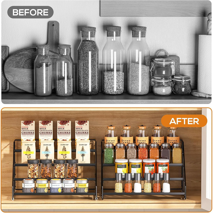 Рівнева підставка для спецій, не потребує свердління, регульована підставка для спецій, сходи для спецій, шафа для спецій, зберігання спецій для кухні, стільниці, комори (чорна, 2 шт.) XXL, 4-