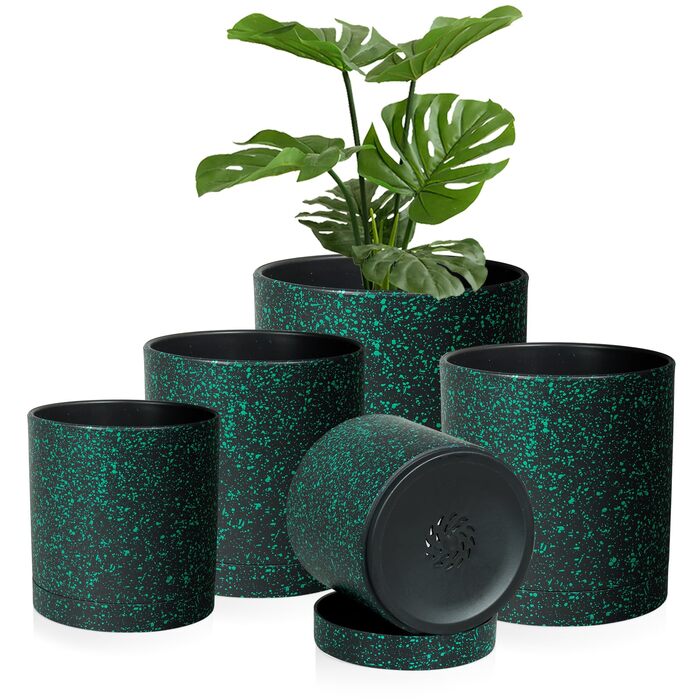 Набір з 5 квіткових горщиків з блюдцями, 17,8 см/15,2 см/14 см/12,7 см/10,2 см, пластикові кашпо, набір квіткових горщиків, ідеально підходить для кімнатних та балконних садів, чорний із зеленими цятками 765,554 дюймів (5 шт.) чорний із зеленими цятками