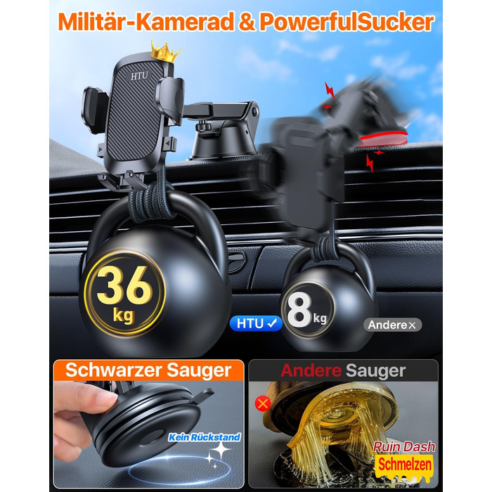 Військовий клас 4 в 1 автомобільний тримач мобільного телефону Найсильніша присоска та затискач Підвісна ємність 36 кг, що обертає