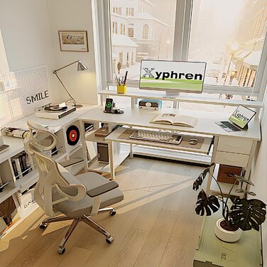 Письмовий стіл з 2 шухлядами, 120 x 50 см, комп&39ютерний/ігровий стіл з підставкою для клавіатури, регульованою по висоті бічною полицею, підставкою для монітора та розеткою для домашнього офісу та вітальні, білий, 120 x 50 см