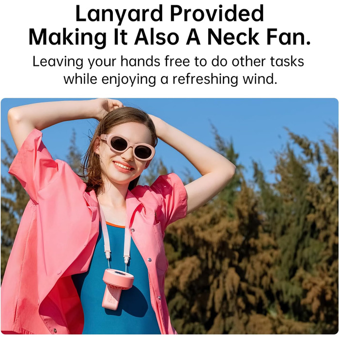 Потужний портативний вентилятор зі світлодіодним дисплеєм, максимум 19,5 годин, 5000 мАг, ручний/настільний/нашийний вентилятор 3-В-1, міні-вентилятор для подорожей (рожевий), 7, 2024