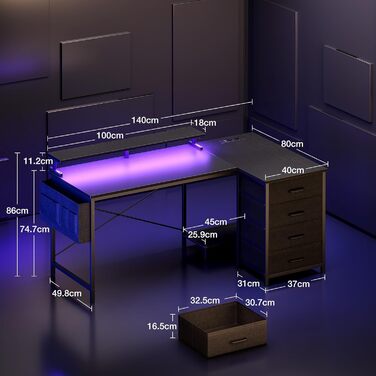 Кутовий письмовий стіл ODK з 4 тканинними шухлядами, 140x80 см, двосторонній L-подібний стіл з 2 розетками та 2 портами зарядки USB, L-подібний ігровий стіл зі світлодіодним освітленням та підставкою для монітора для домашнього офісу, чорний 140 x 80 см