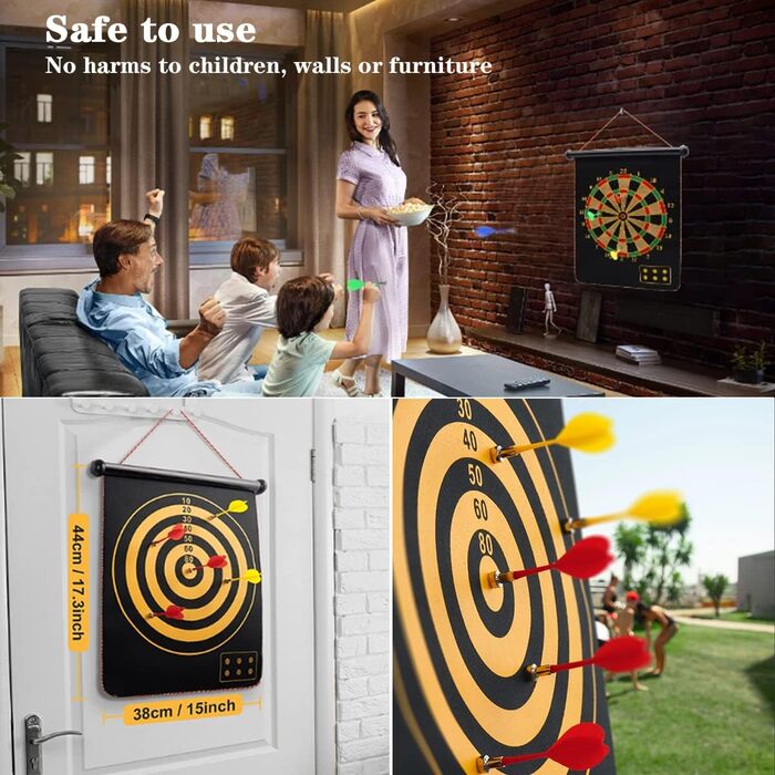 Магнітна мішень для дартсу LiRiQi для дітей з 12 безпечними дротиками, ігри для приміщень та вулиці для дітей/дорослих, двостороння мішень для дозвілля та спорту, подарунки для дітей 4-12 років, 38 см, 2 гачки