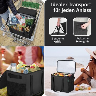 Великий комплект із 2 сумок-холодильників з переробленого матеріалу складні сумки-холодильники з посиленою основою надзвичайно міцні, ідеально підходять як сумка для покупок, ізольована сумка, термосумка, бокс-холодильник, 30 л, чорний, 40 x 24 x 31 см