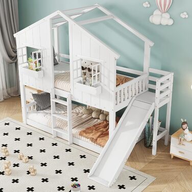 Дитяче двоярусне ліжко 90x200, ліжко-горище, ліжко-будиночок з гіркою, драбиною, вікнами, дахом та ящиком для зберігання, двоярусне ліжко, дерев&39яне ліжко, дитяче ліжко з рейковою основою та поручнями, сосна, без матраца, білий колір