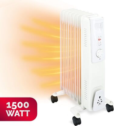 Масляний радіатор Alpina 1500 Вт Електричний обігрівач з термостатом Електричний радіатор опалення Портативний електричний радіатор на колесах Компактний електричний підставний обігрівач із захистом від перегріву Білий