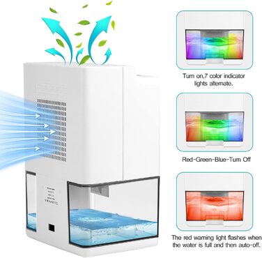 Осушувач повітря для дому, 1 л Осушувач повітря для кімнати Осушувач Тихий осушувач повітря з вимкненим кольоровим світлодіодним світлом для квартири, спальні, ванної кімнати Підвал, електричний і невеликий осушувач повітря