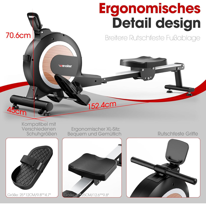 Гребний тренажер Wenoker, магнітний гребний тренажер для домашнього використання, покращений, тихий опір з 16 рівнями та інтелектуальною електронною поворотною ручкою, максимальна вага користувача 160 кг, підключення до додатку, чорний