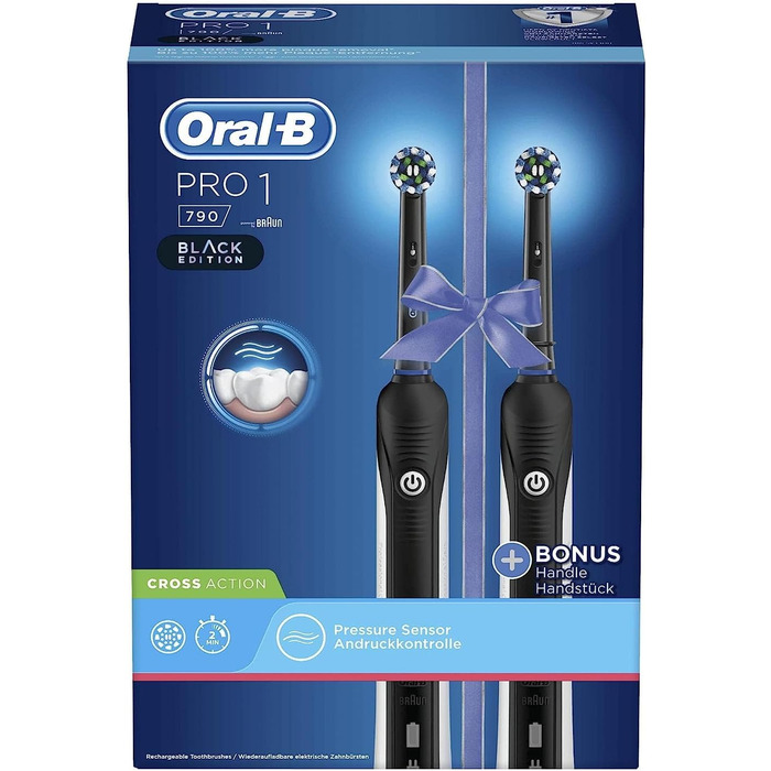 Електрична зубна щітка Oral-B PRO 1 750 Double Pack для ретельного чищення зубів, 1 програма чищення, датчик тиску та таймер, 1 щітка CrossAction, чорна