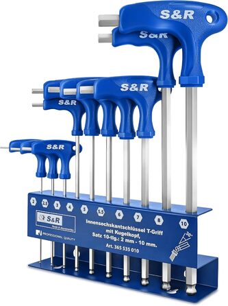 Набір шестигранних ключів S&R HX, високоміцна сталь S2, Т-подібна ручка, кулястий наконечник, надійний захист від корозії, металевий тримач для інструментів, 10 предметів 2 мм - 10 мм, набір шестигранних ключів метричний