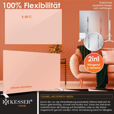 Інфрачервоний обігрівач KESSER 520 Вт, алюмінієвий обігрівач, енергозберігаючий, окремостоячий та настінний, електричний обігрівач 2-в-1 з датчиком відкритого вікна дистанційним керуванням та керуванням через додаток, термостат, інфрачервона нагрівальна п