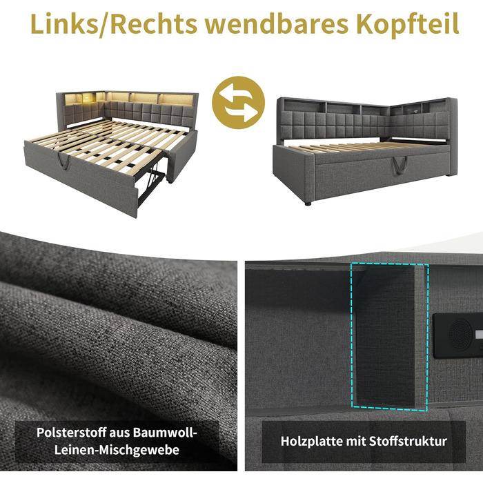 Кушетка 90x200 з висувним ліжком 90x190, диван-ліжко зі світлодіодним підсвічуванням, USB та Bluetooth, висувне ліжко-кушетка з рейковою основою, гостьове ліжко, без матраца, сірий, сірий F 90x200