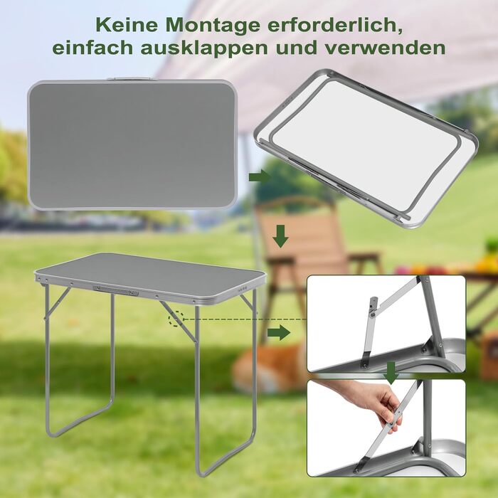 Туристичний стіл, Розкладний стіл для балкону, Бічний столик, Розкладний балконний стіл, Розкладний стіл, Садовий стіл з ручкою, Виготовлений з МДФ та металу, 80x50x70 см, Сірий