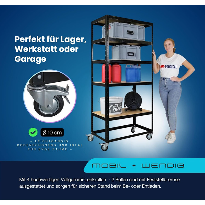 Комплектувальний візок BUFFALO Мобільний комплектувальний стелаж 192x90x50 см 5 полиць Навантаження на полицю 50 кг 2 шт. поворотні ролики та 2 шт. поворотні ролики з фіксуючим гальмом Чорна полиця на колесах Комплект візків для полиць з 2 предметів - 192