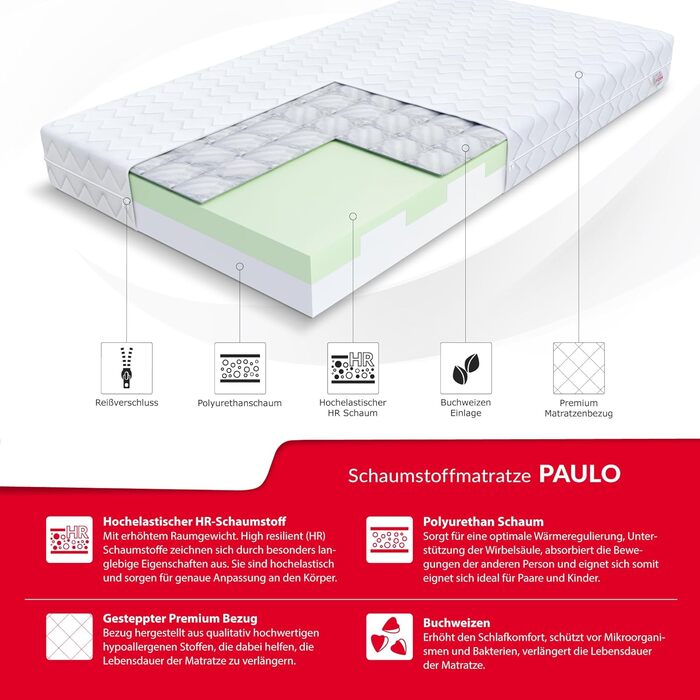 Матрац FDM 80x160 см, рівень жорсткості H3, висота 16 см, дитячий матрац, пінополіуретановий матрац, HR-піна, пінополіуретан, гречка, 7 зон комфорту з гіпоалергенним покриттям, чохол преміум-класу, що прається, сертифікований Oeko-Tex, Paulo 80 x 160 см