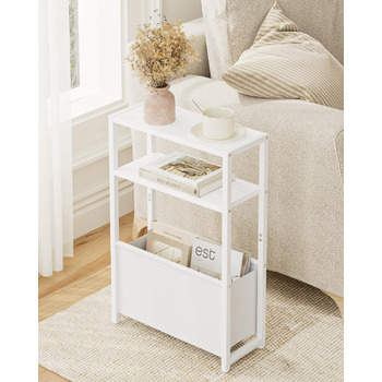 Журнальний столик з місцем для зберігання речей, 3-ярусний вузький журнальний столик з сумкою, вузька тумбочка, маленький журнальний столик для невеликих приміщень, спальня, вітальня, офіс (білий)
