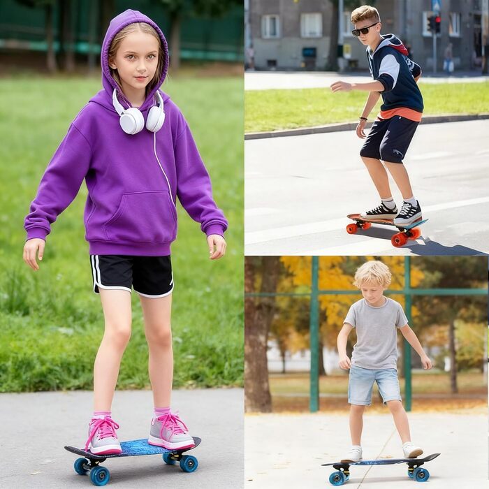 Скейтборд CLYCTIP, 22-дюймовий повноцінний міні-крейсерський скейтборд з різнокольоровими миготливими колесами та підшипниками ABEC-11 для дітей, хлопчиків, дівчаток, початківців, білий-BD